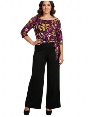 Susan Graver Purple and Yellow Floral Jumpsuit with Black Pants Women's Plus 1X